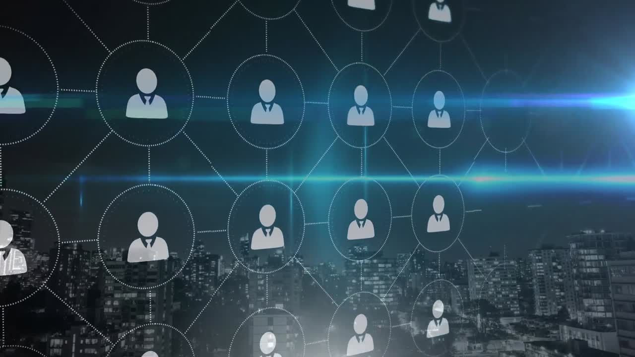 Animazione di una rete di connessioni con icone di persone su un paesaggio urbano.