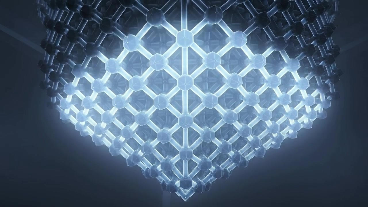 Pulsing suspended lattice cube emitting blue light in dark studio, with glowing core and support