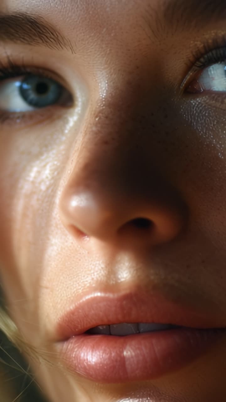 Close-Up Portrait of a Young Person with Glowing Skin and Striking Blue Eyes, Capturing the Intricacies of Natural Beauty and Emotional Expression in Soft Light