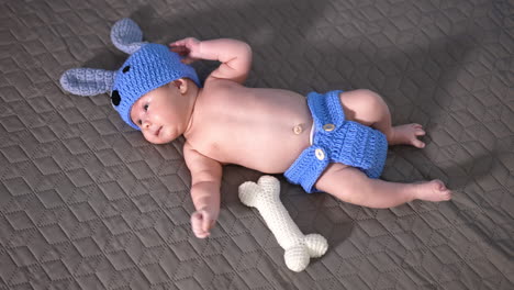 baby boy in a knitted doggy costume lying on the bed. white toy bone beside. cute kid at the grey backdrop.