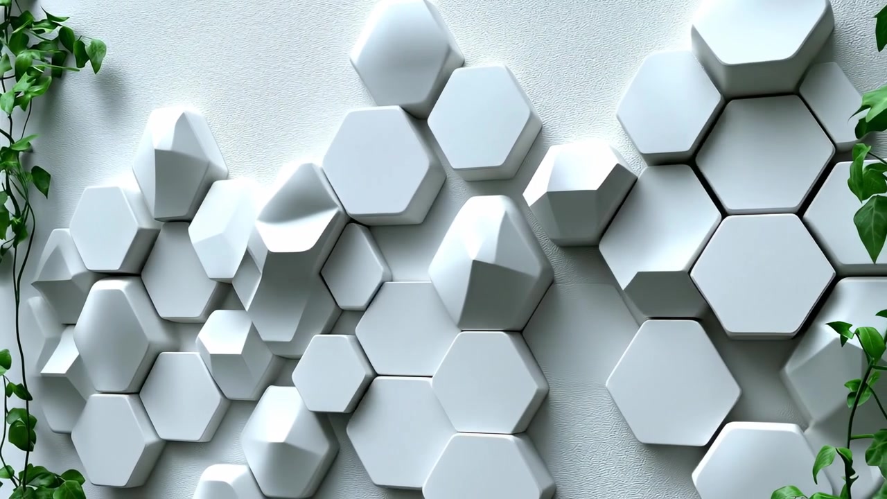 Design de parede hexagonal moderno com plantas. Uma parede exibe um arranjo de formas hexagonais brancas.