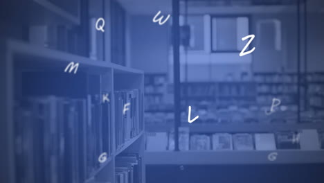 composición digital de los alfabetos ingleses flotando y moviéndose contra la biblioteca de la escuela
