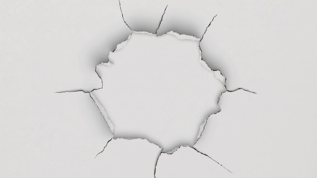 Appearing star-shaped puncture expanding central torn hole on white surface, casting radial cracks