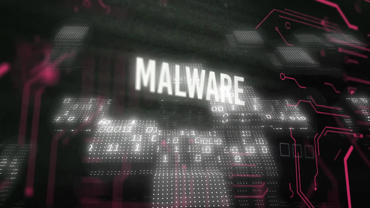 animación de texto de malware y procesamiento de datos digitales sobre fondo negro