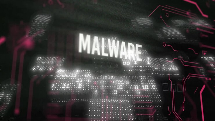 Animation af malware-tekst og digital databehandling over sort baggrund.