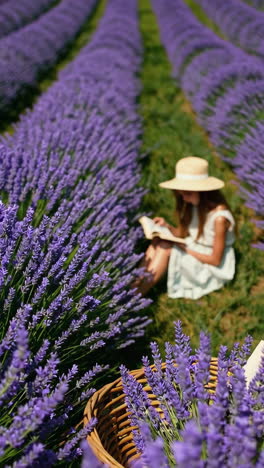 woman reading a book in a beautiful lavender field