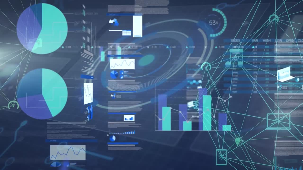 animación de la red de conexiones sobre diversos datos en la pantalla