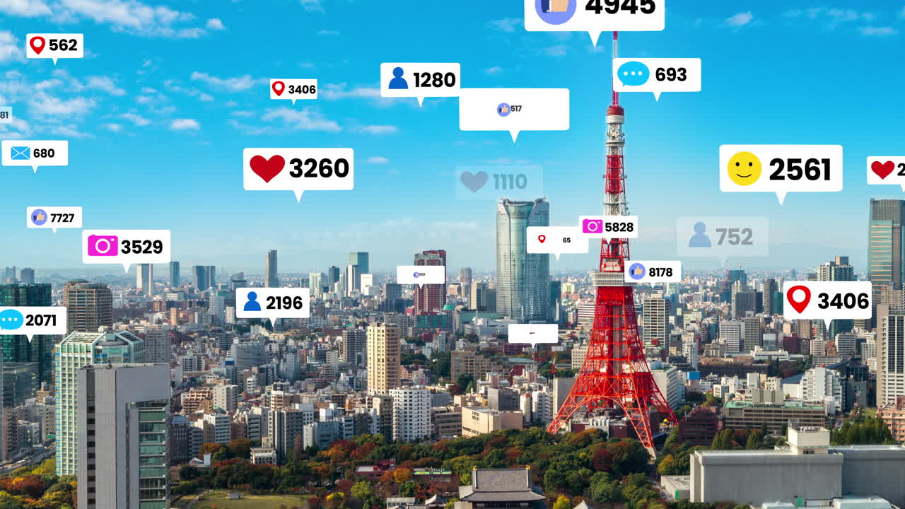 소셜 미디어 아이콘이 도시 중심부에서 날아다니며 사람들의 참여 연결을 보여줍니다.