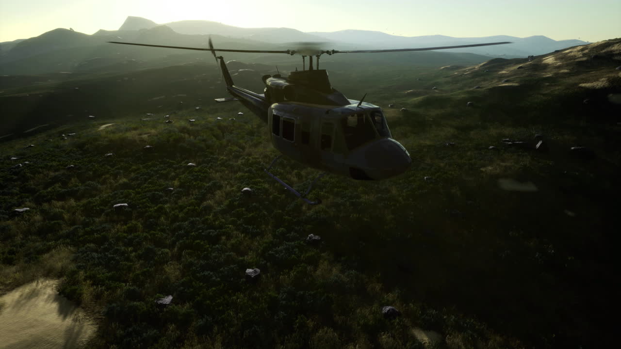 Helicopter flies over rugged terrain at sunset in a dramatic landscape