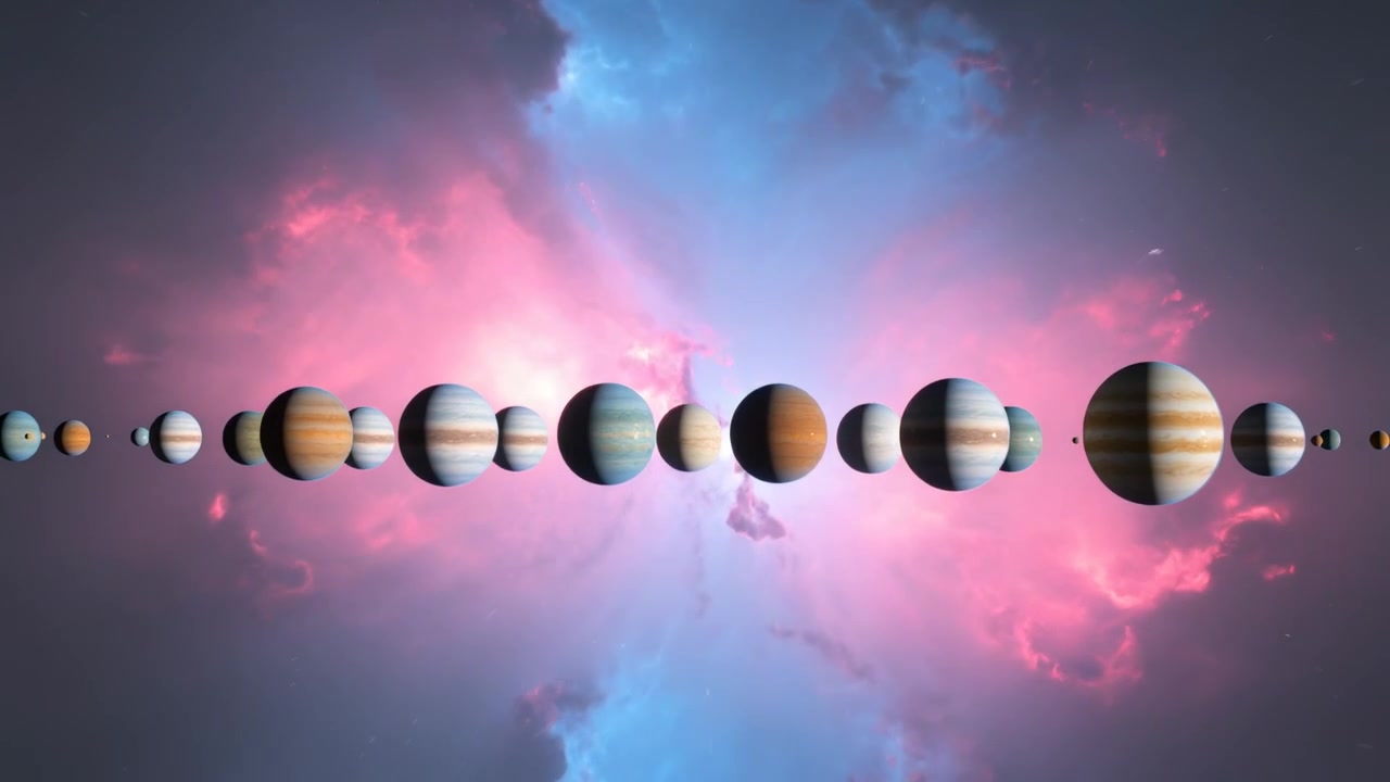 Blooming nebula cloud backlighting linear row of planets in space, revealing banding and rim glow