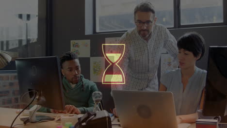 team collaborating on project in modern office with glowing bowtie animation