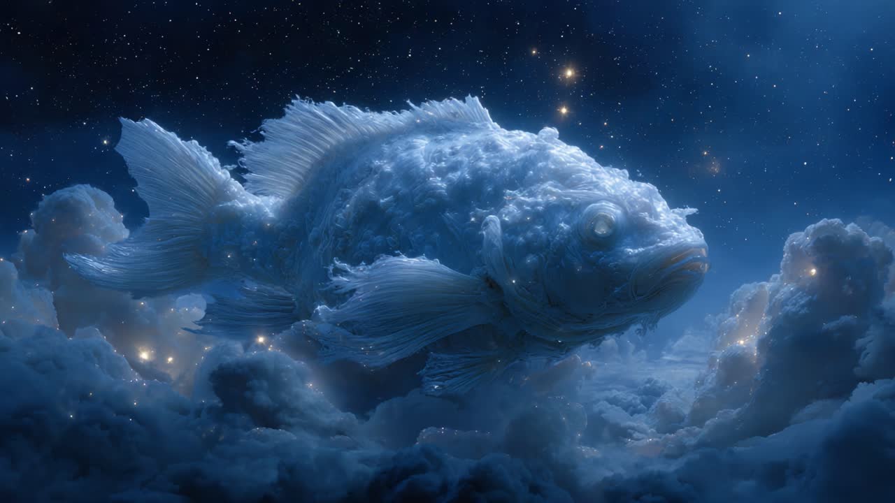 A surreal and ethereal depiction of a magnificent fish soaring through the starry night sky, surrounded by fluffy clouds, blending fantasy with the beauty of nature