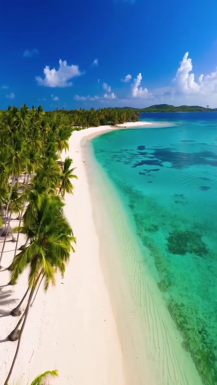 Idilliaca spiaggia tropicale con sabbia bianca, palme e acqua turchese cristallina