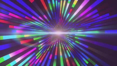 colorful radial light beams animation converging towards bright center