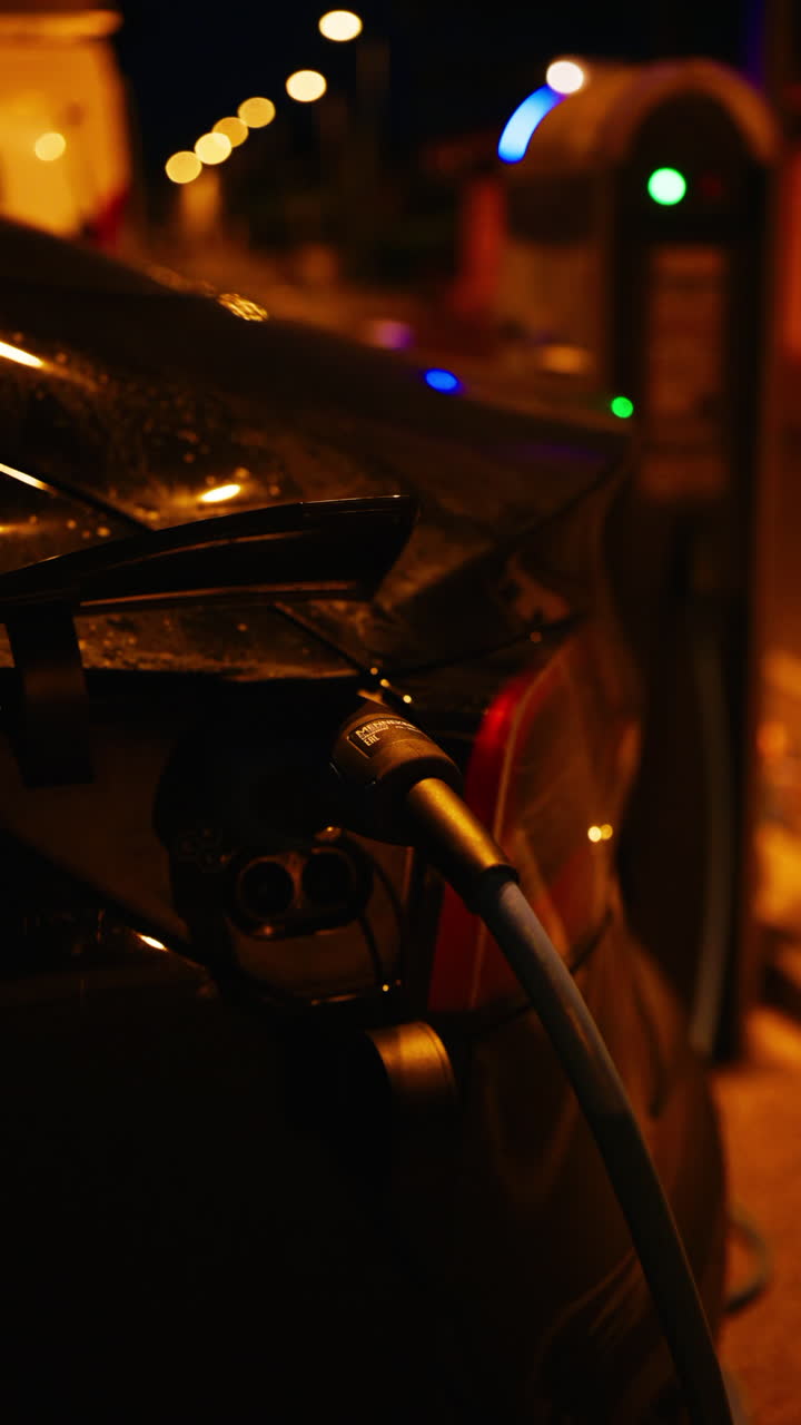Black, electric car charging on the street at night. Vertical