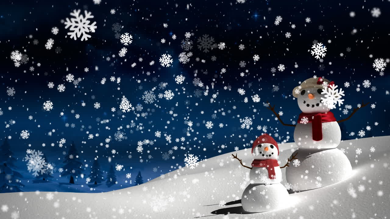 animación de copos de nieve cayendo sobre el paisaje de invierno con muñecos de nieve