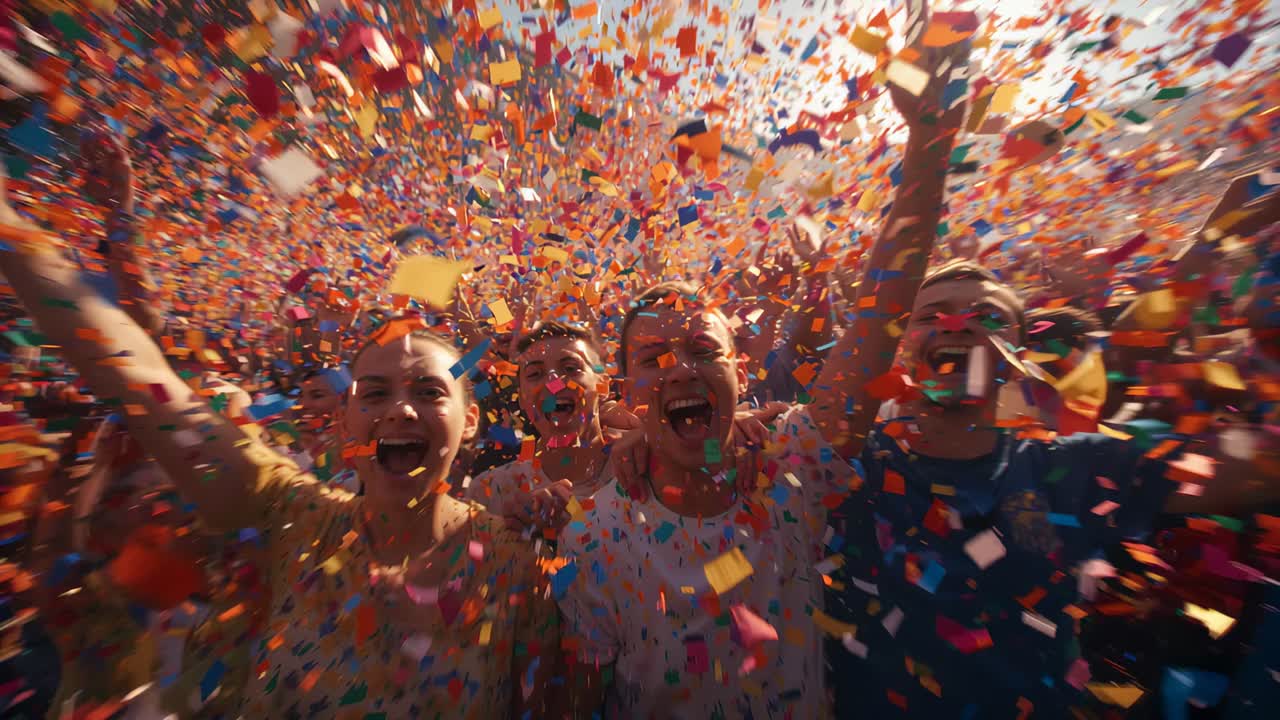 Reazione ai coriandoli, fan in prima fila che urlano, braccia alzate in segno di festa verso il bagliore dell'obiettivo