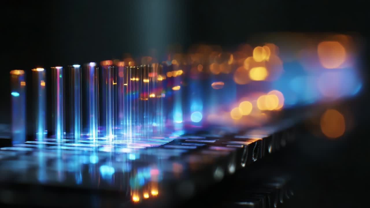 A mesmerizing close-up view of intricately arranged glass tubes, showcasing a captivating play of light and color that transforms as it transitions from cool blue tones to warm amber hues, creating a stunning visual effect