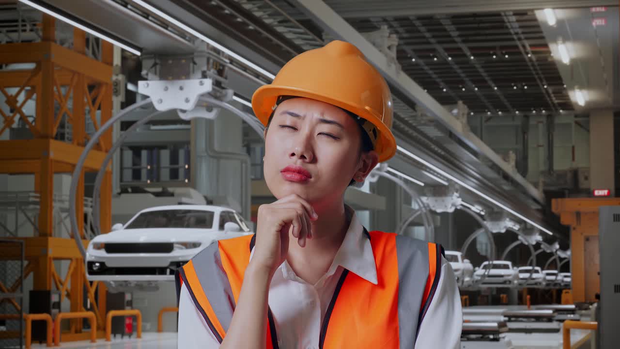 안전 헬을 입은 아시아 여성 엔지니어가 무언가에 대해 생각하고 ev 자동차 공장에서 서있는 동안 주위를 둘러보고 있습니다.