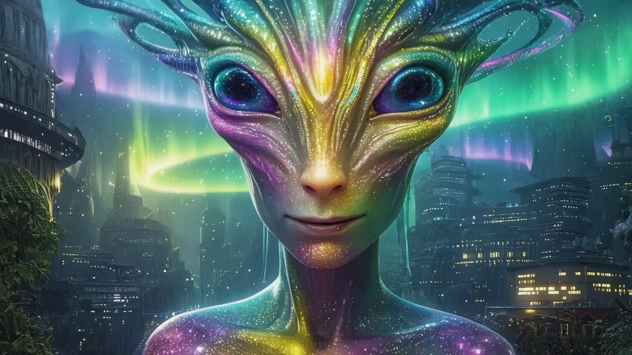 Futuristic Alien in Cityscape with Aurora Borealis