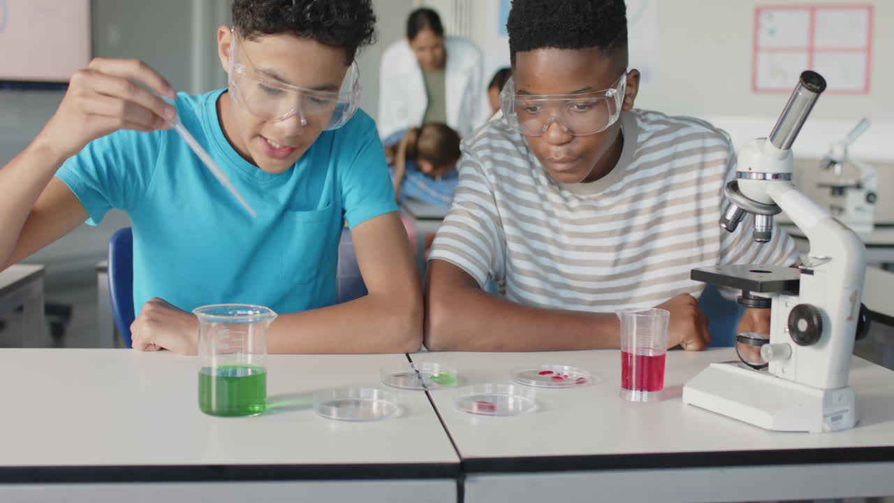 Conducting science experiment, boys using pipette and beakers in school laboratory