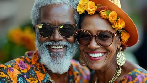 a man and a woman wearing sunglasses and a flower crown