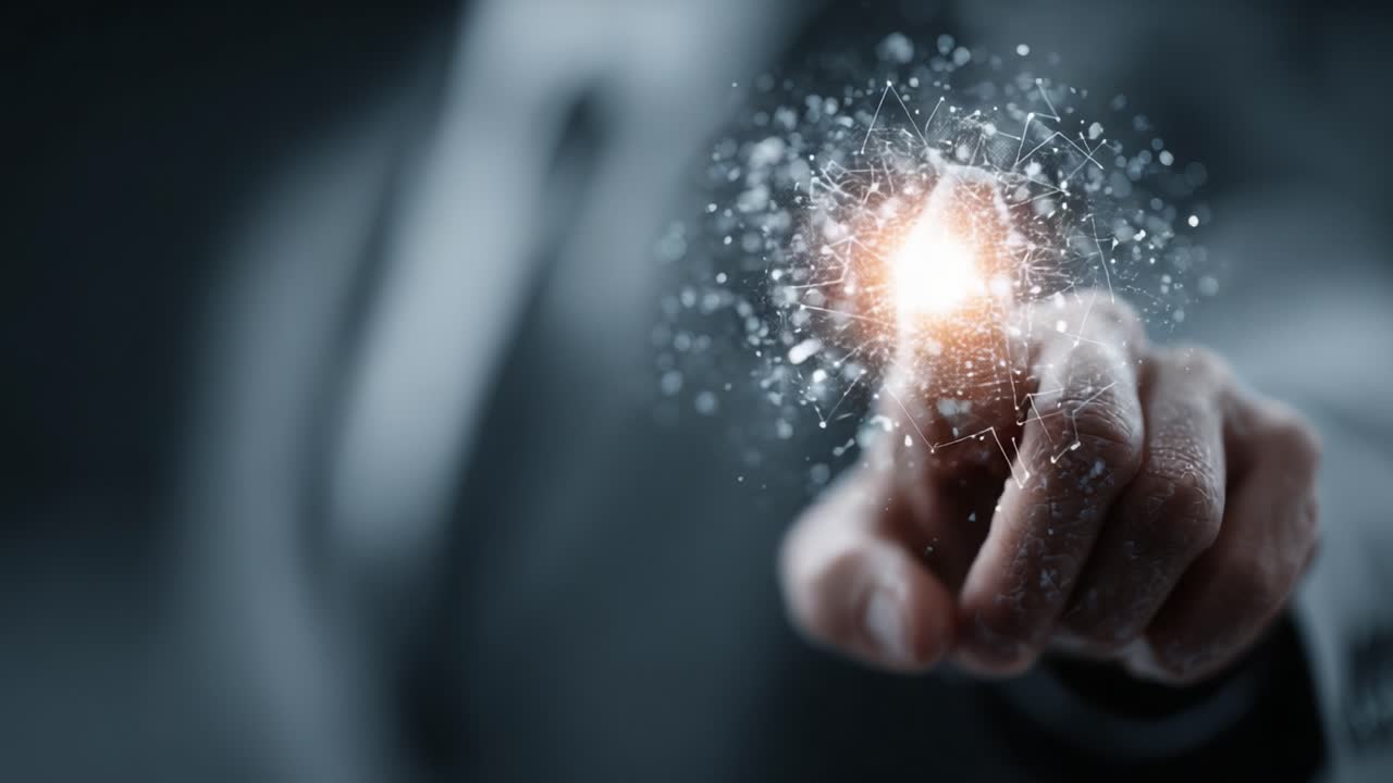 Businessman's hand pointing and touching a futuristic virtual interface with a glowing network structure. A modern concept representing innovation, technology, and global business connection