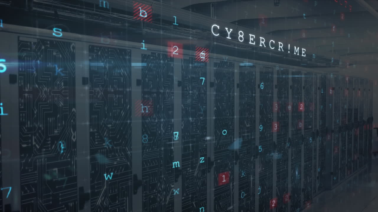 Digital animation depicts cybersecurity and data processing in a global network server room.