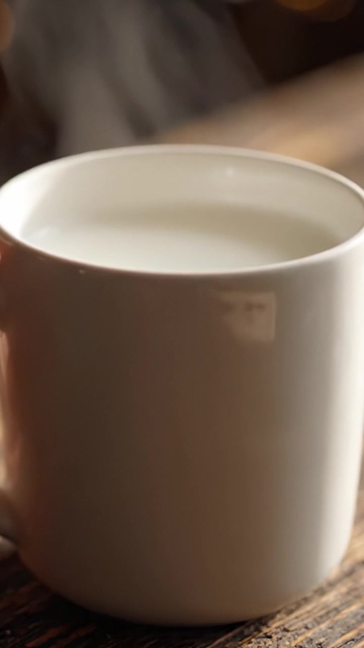 A steaming cup of milk sits invitingly on a rustic wooden table, emitting warm vapor in a cozy atmosphere, perfect for a comforting drink or relaxation moment.