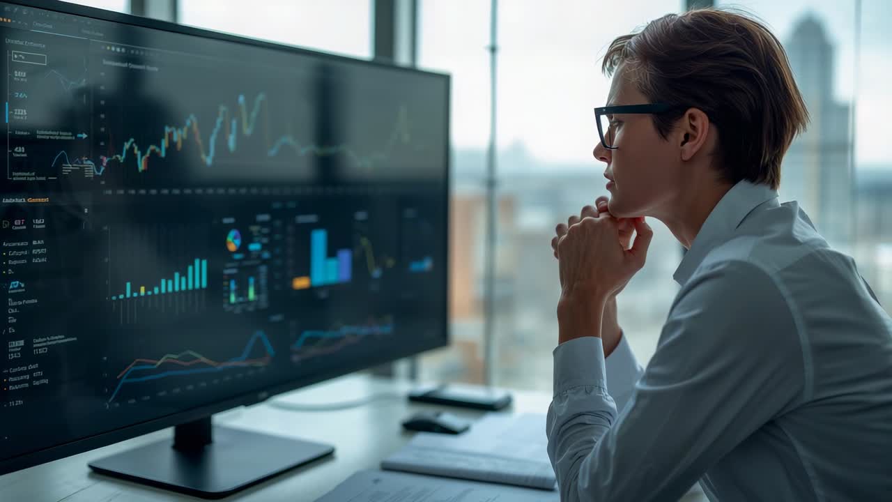 Charts updating, bespectacled white-shirt man scanning screen, reviewing data at office, copy space