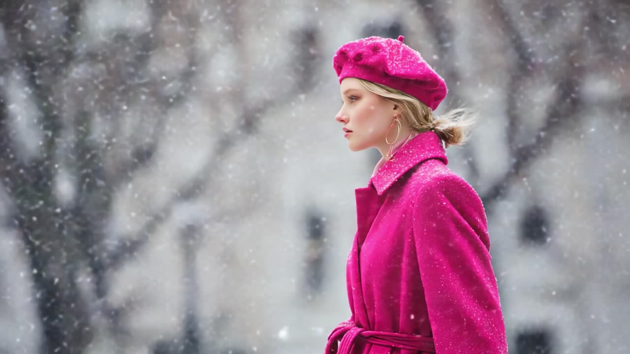 Une femme élégante vêtue d’un ensemble d’hiver rose vif se tient élégamment au milieu d’un paysage enneigé, dégageant confiance et style tandis que des flocons de neige tombent doucement autour d’elle, créant une atmosphère magique.