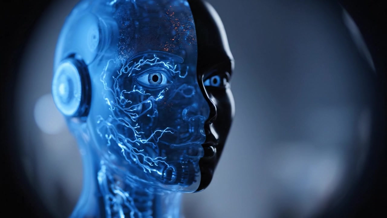 Futuristic Cybernetic Head with Illuminated Electric Circuits in a Dark Environment, Showcasing a Blend of Technology and Humanity in Artistic Perspective