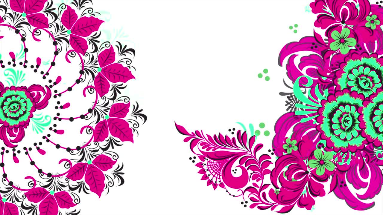 khokhloma. fondo de transformación fractal abstracto. loopable. pintura khokhloma russia de flores y bayas rojas brillantes sobre fondo blanco. fondo abstracto de polígonos rojos