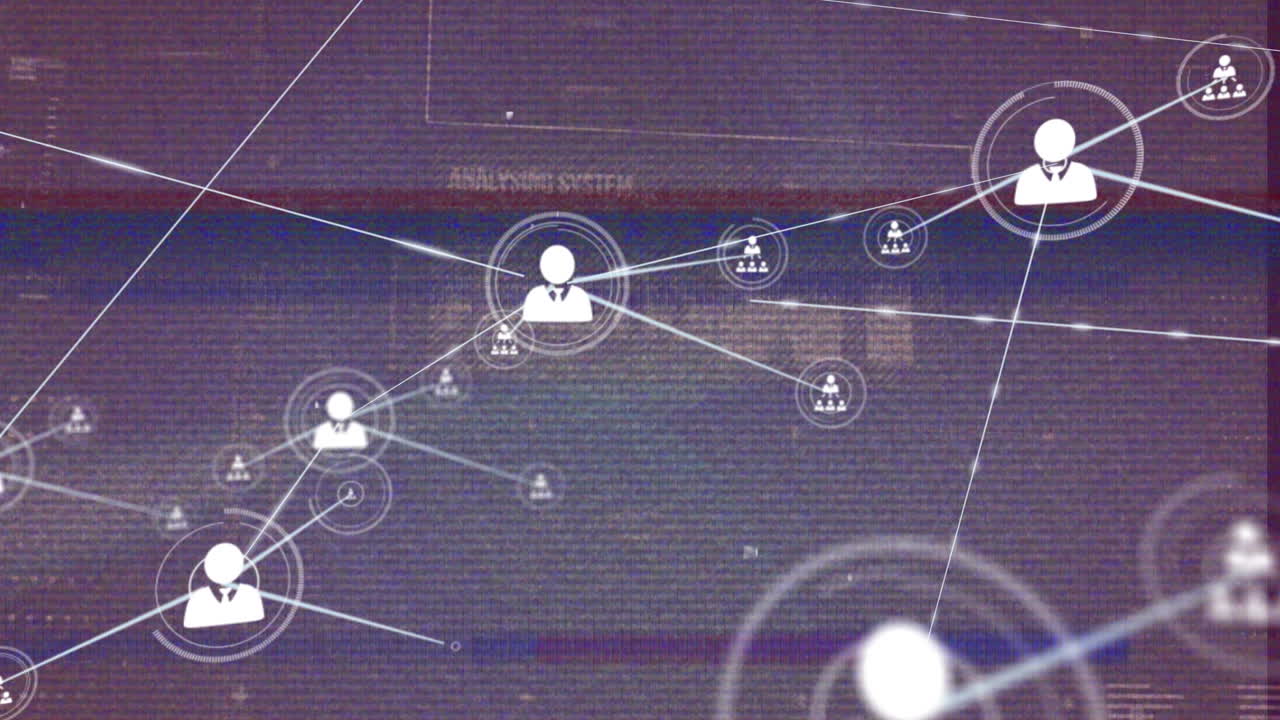 왜곡된 오류의 애니메이션, 디지털 사람 아이콘이 움직이는 데이터와 그래프 위의 선으로 연결됩니다.