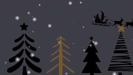 Animation-of-christmas-trees-and-santa-in-sleigh-with-reindeer-on-black-background