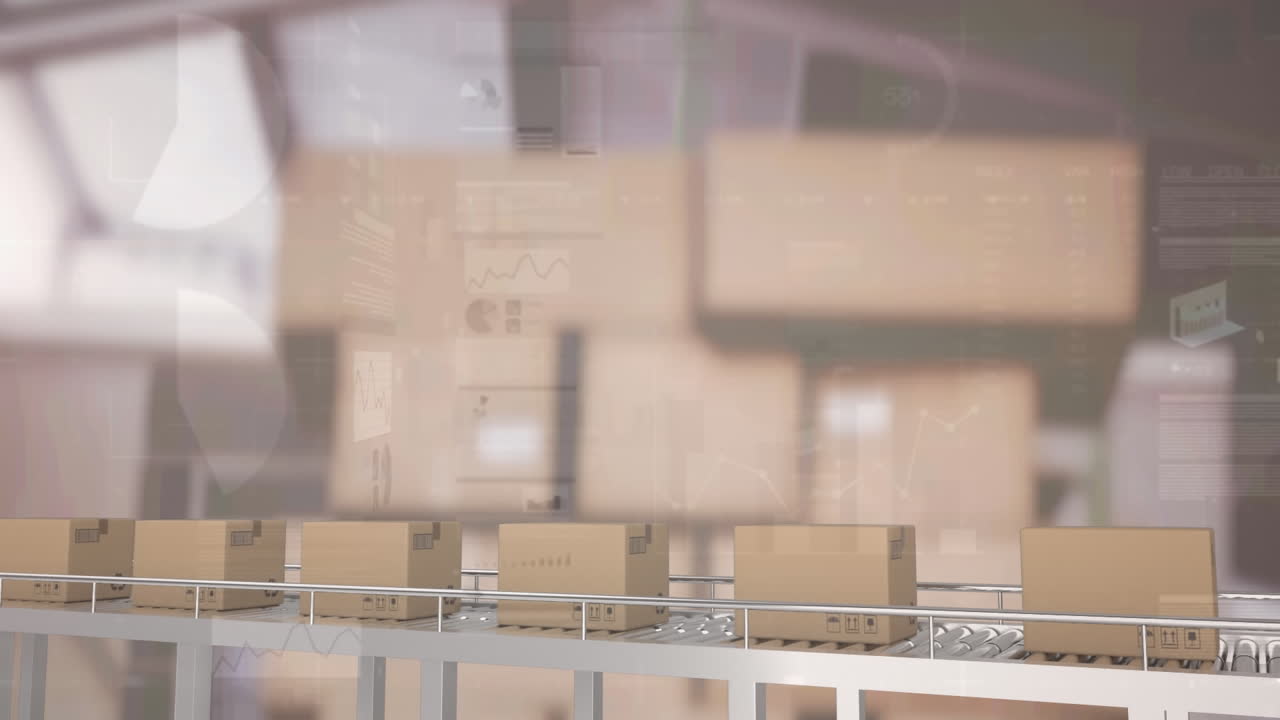 컨베이어 벨트에 있는 카드보드 상자 위에서 금융 데이터 처리의 애니메이션