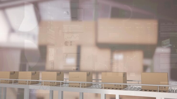 Animation of financial data processing over cardboard boxes on conveyor belt