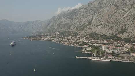 wide drone shot of the bay of kotor in montenegro.