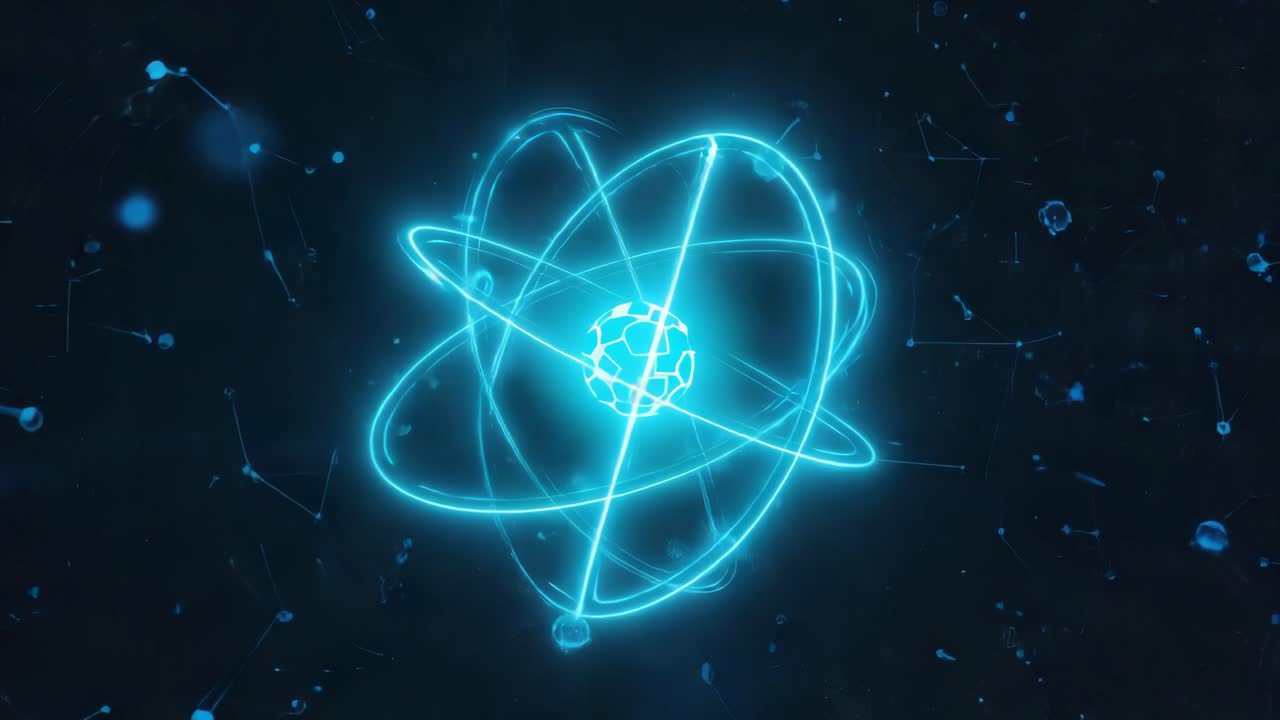 Abstract Atomic Structure with Glowing Blue Orbits