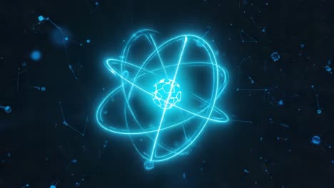 abstract atomic structure with glowing blue orbits