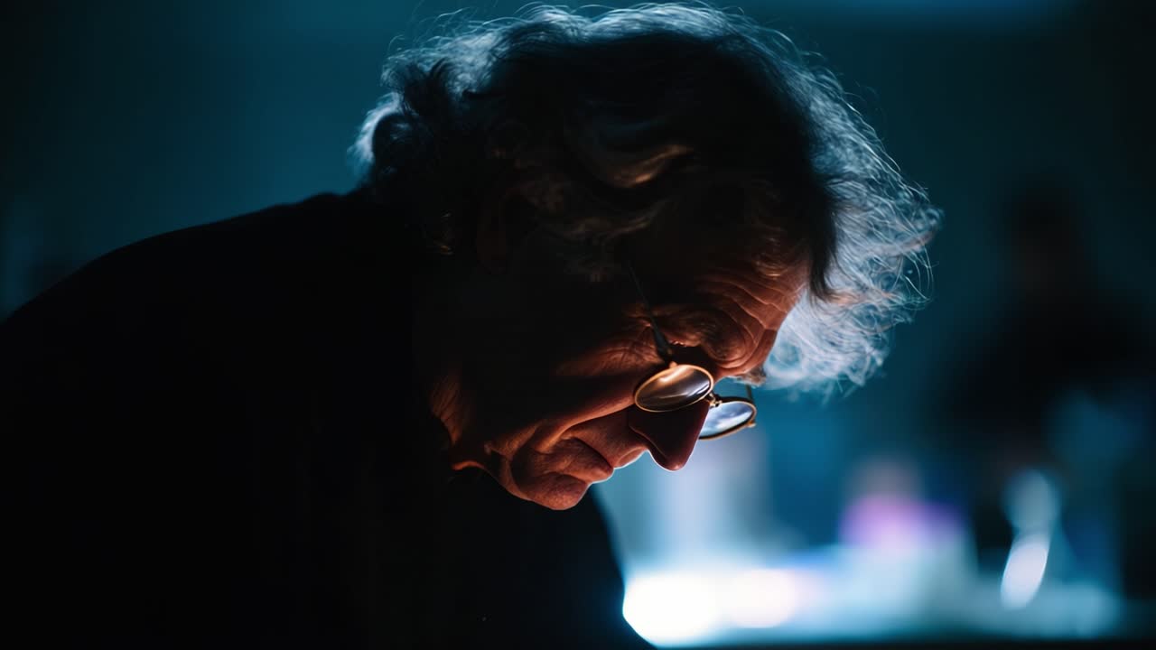 Una figura contemplativa, illuminata da una tenue luce blu, osserva intensamente il suo lavoro, incarnando concentrazione e creatività in un ambiente sereno e suggestivo