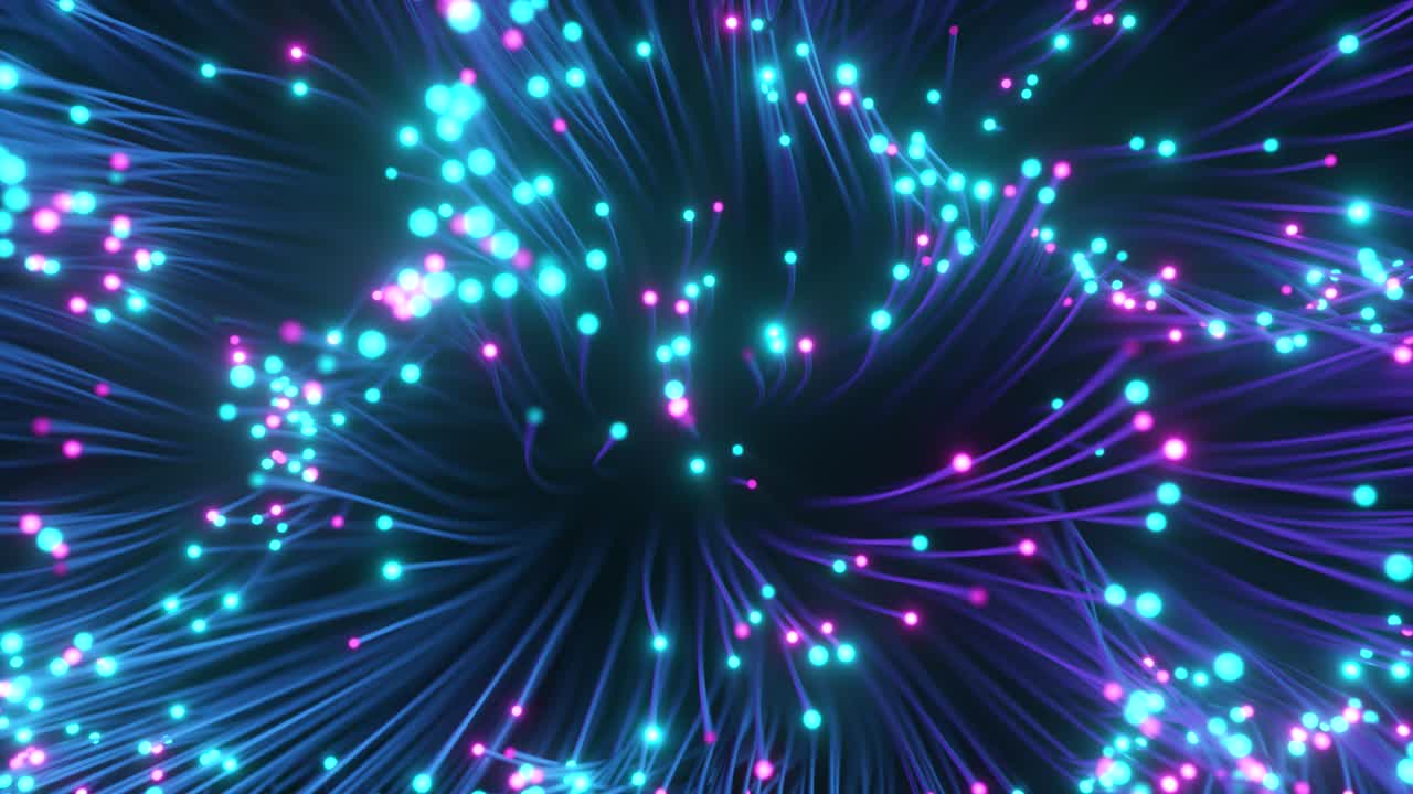 Fiberoptiske ledninger med blinkende signaler. Digital dataoverførsel via fiberoptisk kabel. Topbillede af farvede optiske fibre med bokeh. Teknologikoncept. Sømløs loop 3D-gengivelse.