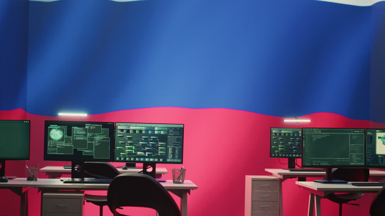 Empty governmental hacking room with Russian flag on big screen