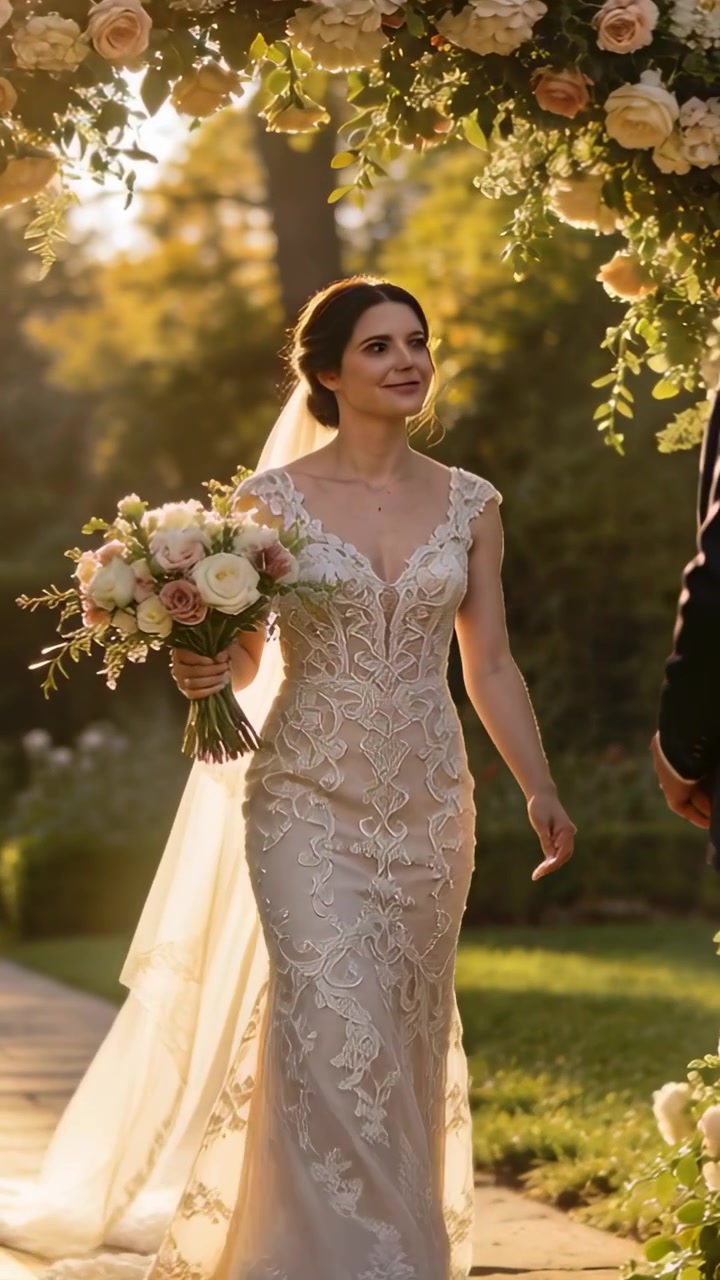 Vertical video: Music starting, bride walking garden aisle gown with roses, turning to groom to wed