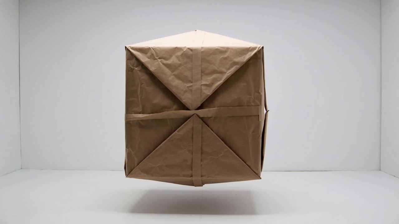 Rotating kraft paper cube from frame one hovering and bobbing in white studio, showing folded flaps