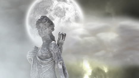 animation of gray sculpture of woman over dark sky and moon, copy space