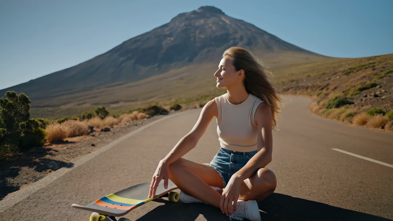 Woman sitting on a road next to a skateboard with a mountain in the background
