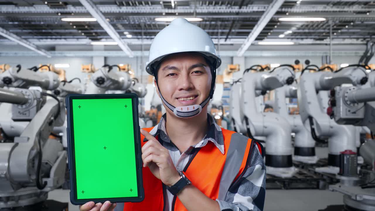 공장에서 녹색 화면을 가진 태블릿을 보여주는 엔지니어