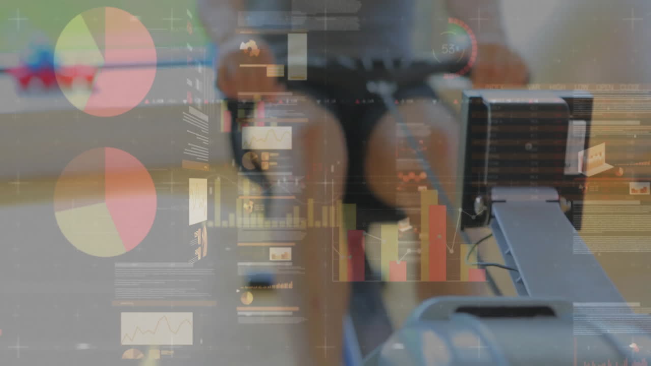 Man running on treadmill in fitness tech demo, showing floating pie charts bar graphs line graphs