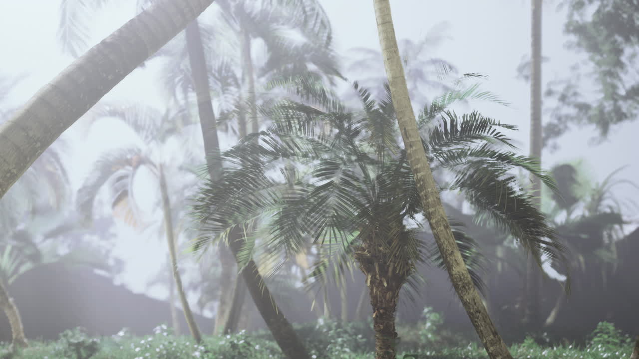 Lussureggiante foresta pluviale tropicale con nebbia che crea un'atmosfera mistica